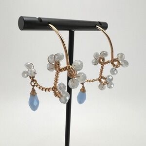 Beaded Hoop Earrings Blue Gold Floral Wire Wrapped Boho Jewelry Wedding